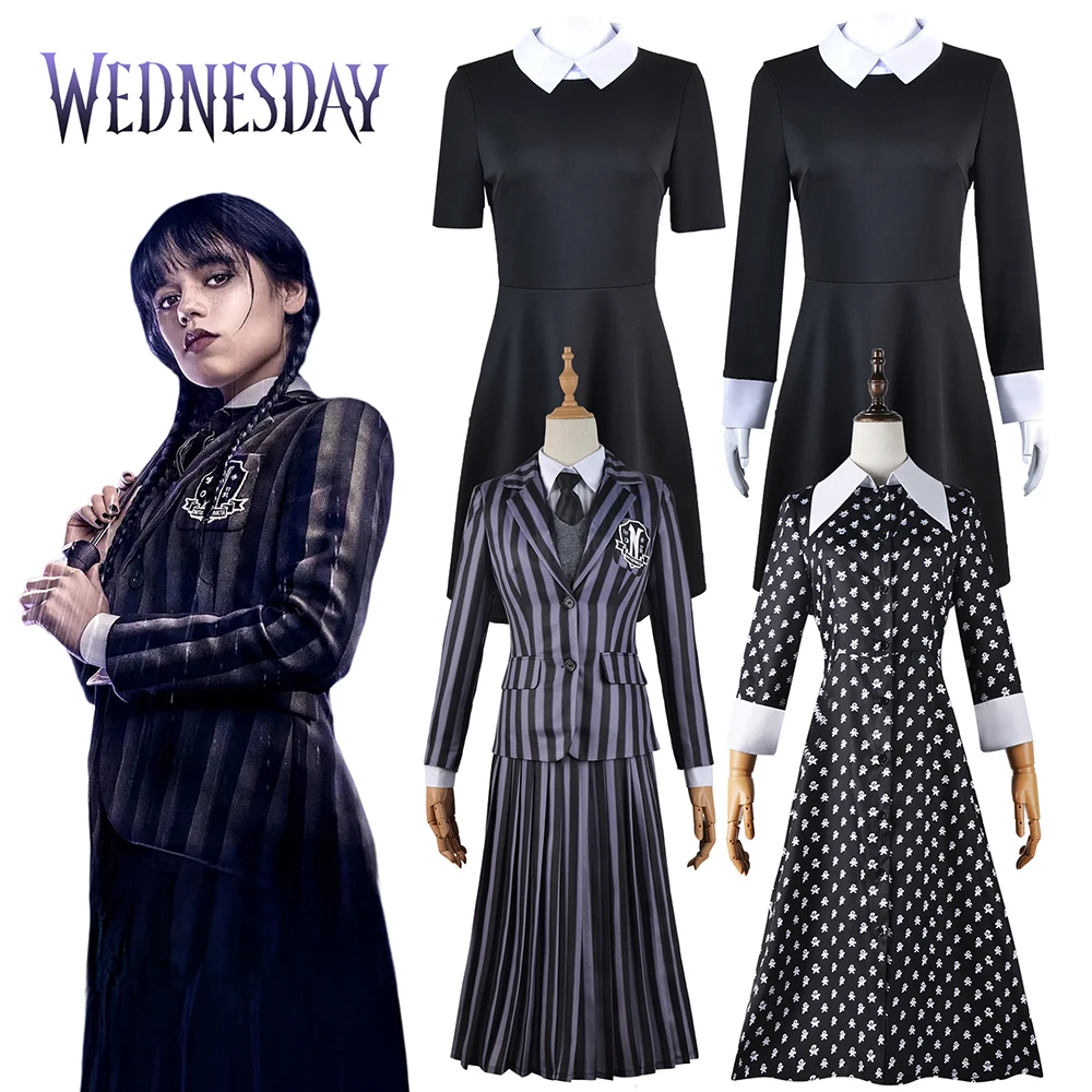 

The Addams Family Wednesday Addams Cosplay Costume Black Print Dress Coat Sweater Skirt School Uniform Suit