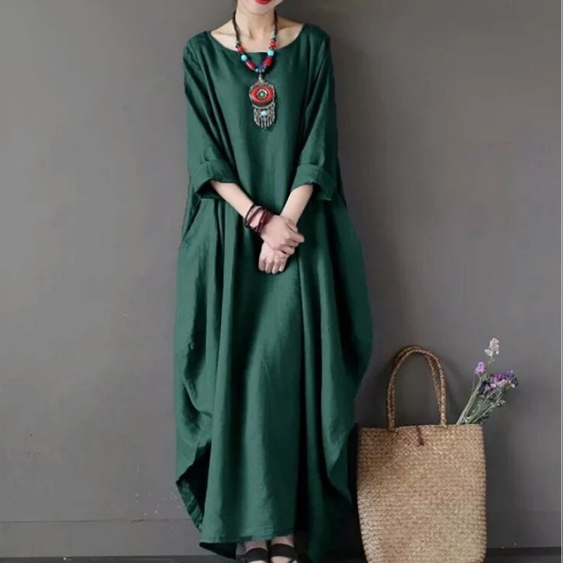 

Платье-Макси женское однотонное из хлопка и льна, свободное, с длинным рукавом