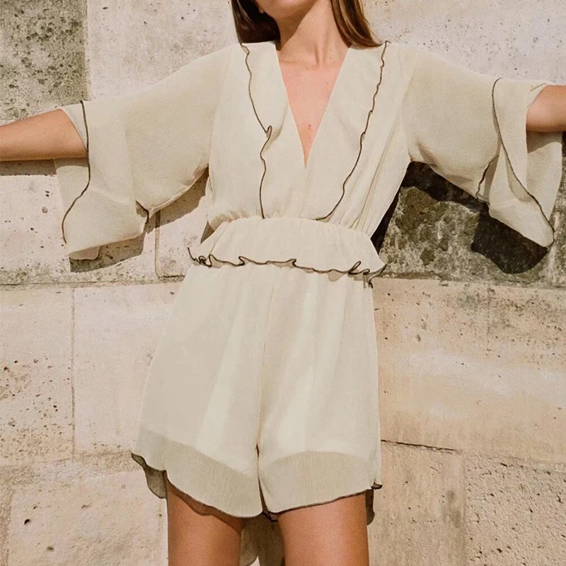 

Summer 2022 Women Fashion Ruffles Playsuits Sexy Deep V Neck Three Quarter Sleeve Rompers Ladies Chic Playsuit BB22366
