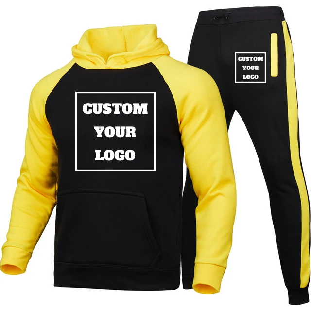 

CUSTOM YOUR LOGO Tracksuit Men Fashion Print Patchwork Hoodie +Pants Suit Autumn Winter Fleece Warm Male Sportswear Men Clothing
