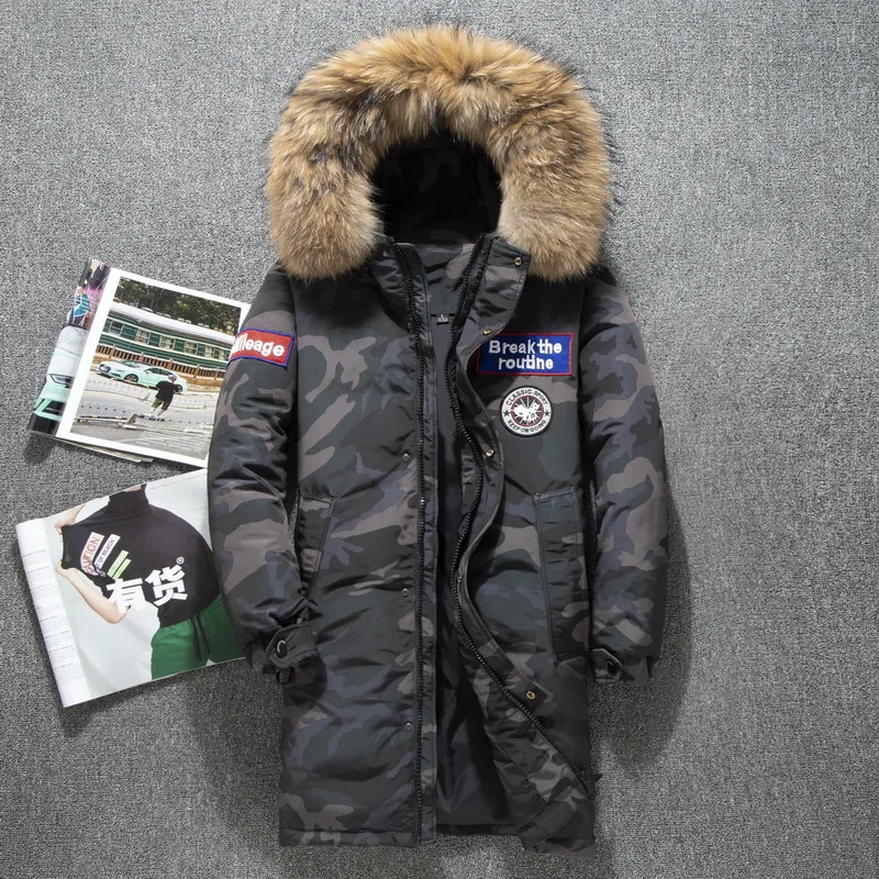2022 New Long Camo Men's Down Jacket Korean Version Slim and Thickened Over Knee Down Winter Wear Tide Jacket