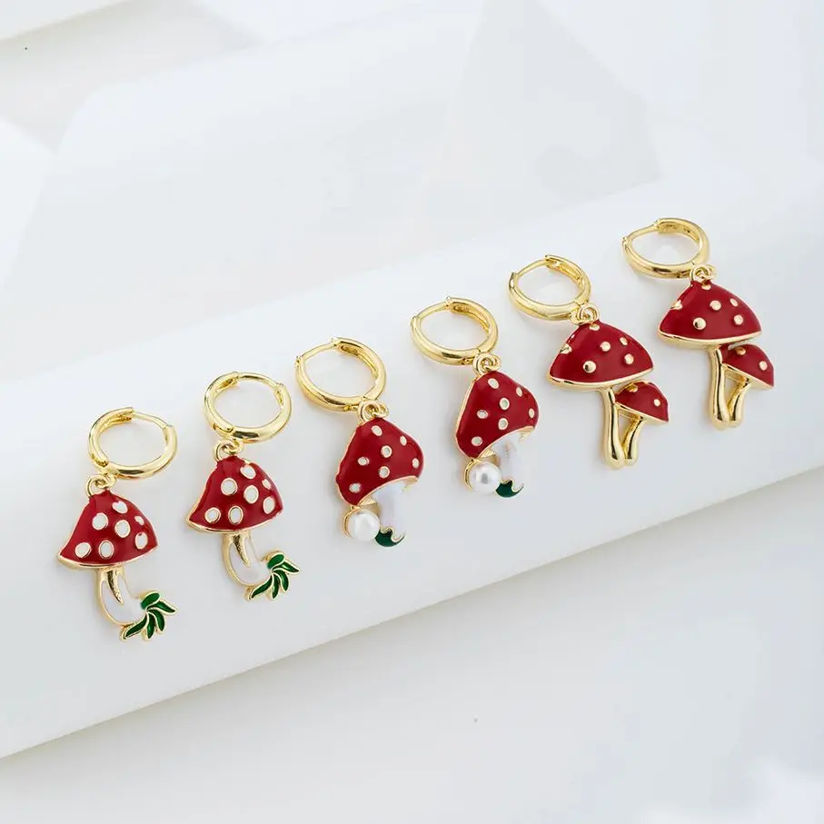 

Fashion Red Drop Oil Mushroom Gold Color Alloy Earrings for Women Alloy Pendant Earrings Jewelry Wholesale New