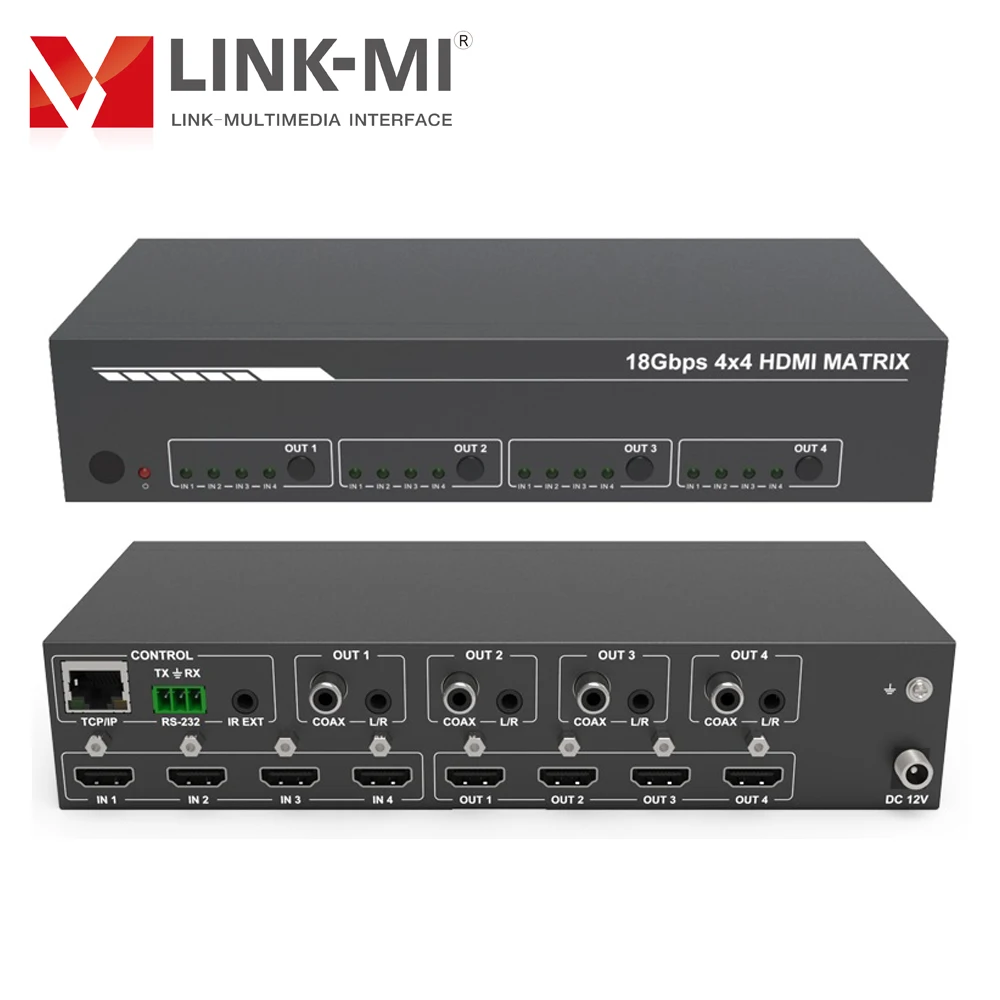LINK-MI 4K60Hz 4x4 HDMI матричный коммутатор поддерживает 18 Гбит/с, 3D,HDR,ARC,EDID,RS232,TCP/IP, веб-графическое управление, с коаксиальным аудио L/R