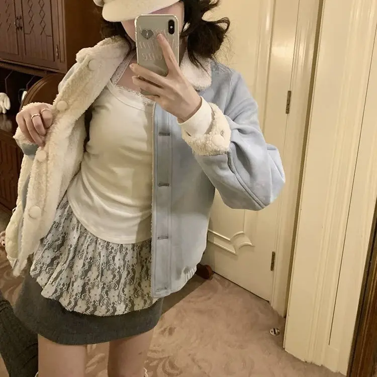 Голубое двустороннее замшевое теплое пальто из овечьей шерсти осенне-зимнее