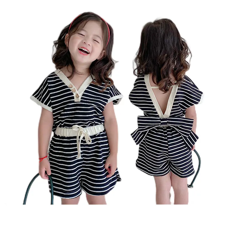 

2022 Korean Style Girls Summer Clothes Set Baby Girls 1-6Years Stripe Tops and Shorts Cute Sweet Cut Out Back Bow-knot Tshirt