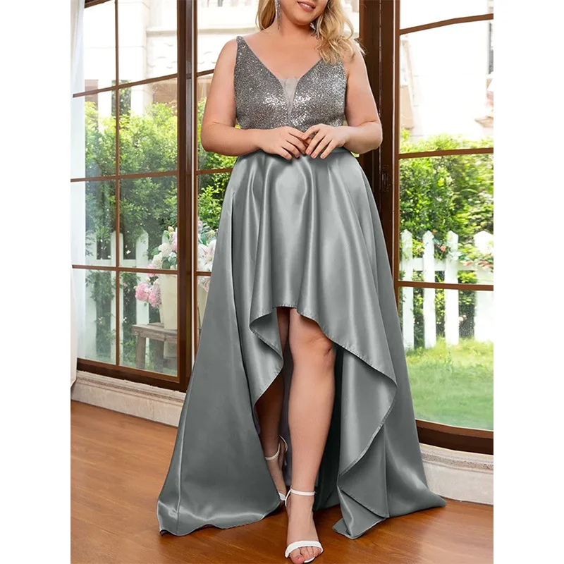 Plus Size Suspenders V Neck Sequins Luxury Satin Dress 4XL5XL Summer Party Banquet Luxury Ruffles Plus Size Summer Evening Dress