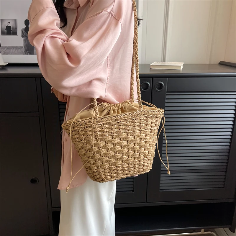 

Summer Women Weave Straw Tote Bag 2023 New In Travel Beach Bags Handmade Lady Rattan Bucket Shoulder Side Handbags