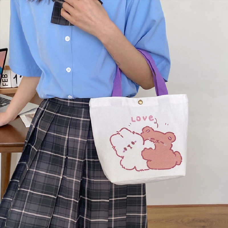 

Trendy Canvas Small Square Bag Japanese Cute Print Casual Handbag Cartoon Small Fresh Convenient Handgift Top Handle Bag