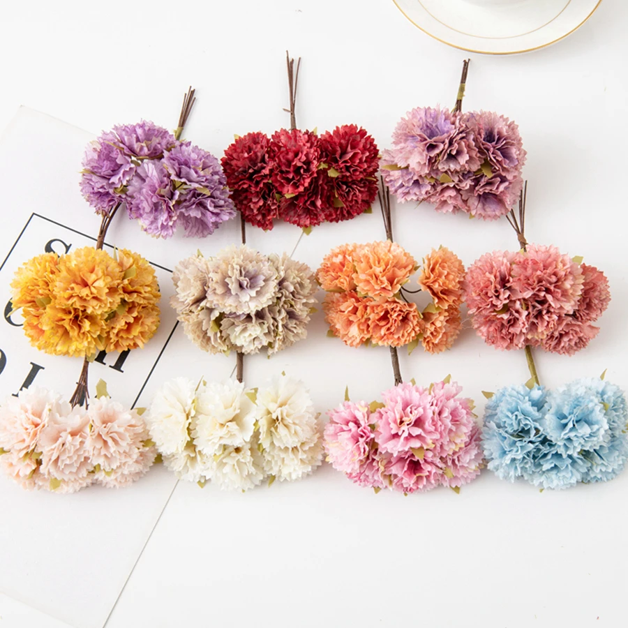 

6Pcs Silk Carnation Bride Bouquet Wedding Wreath New Year's Christmas Decor for Home Outdoor Garden Scrapbook Artificial Flowers