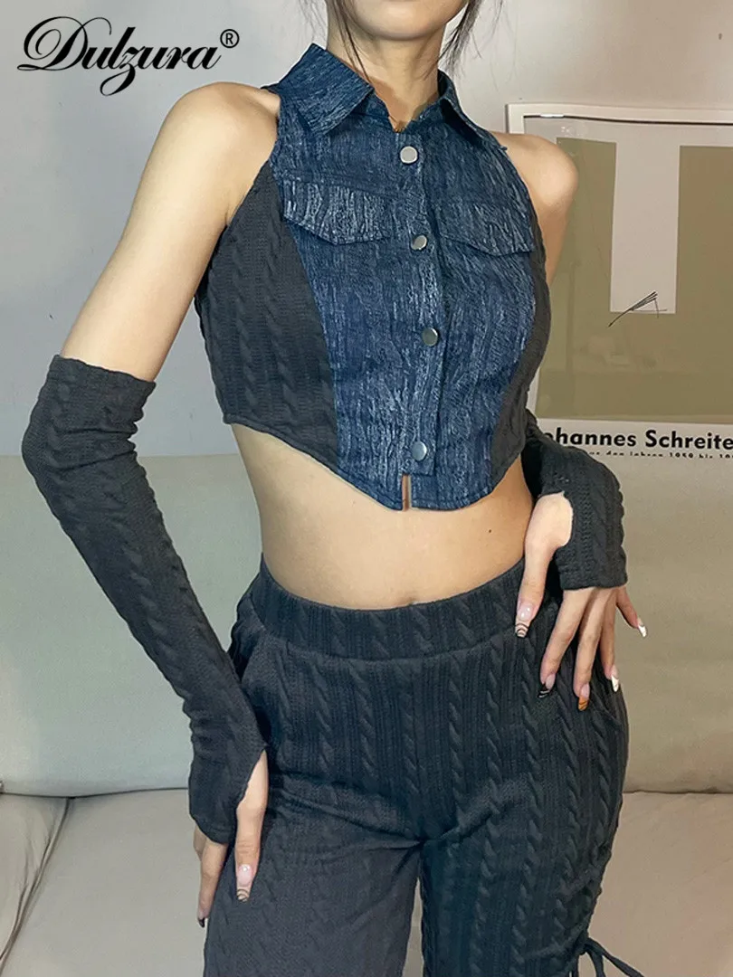 

Dulzura 2022 Summer Women Patchwork 2 Piece Denim Patchwork Tanks With Gloves Knitted Lace Up Hollow Out Pants Set Matching Suit
