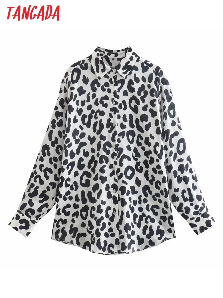 

Блузка женская свободного покроя на пуговицах с длинным рукавом и леопардовым принтом