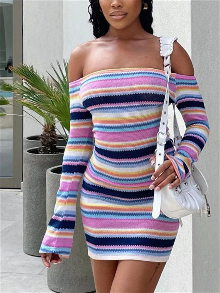 

Women Spring Autumn Vintage Pencil Dress 2022 Striped Off Shoulder Slash Neck Long Sleeve Mini Dress Party Streetwear