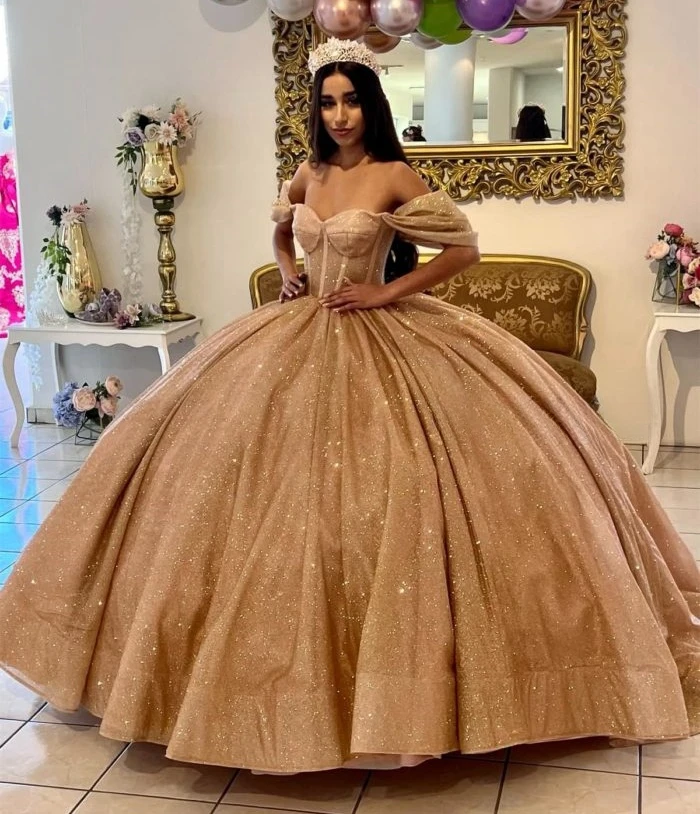 

Champange Puffy Princess Quinceanera Dresses Ball Gown Off The Shouler Sequins Sweet 16 Dresses 15 Años Custom
