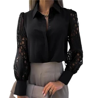 office lady shirt blouses solid color lace patchwork spring summer slim single breasted top women for office party