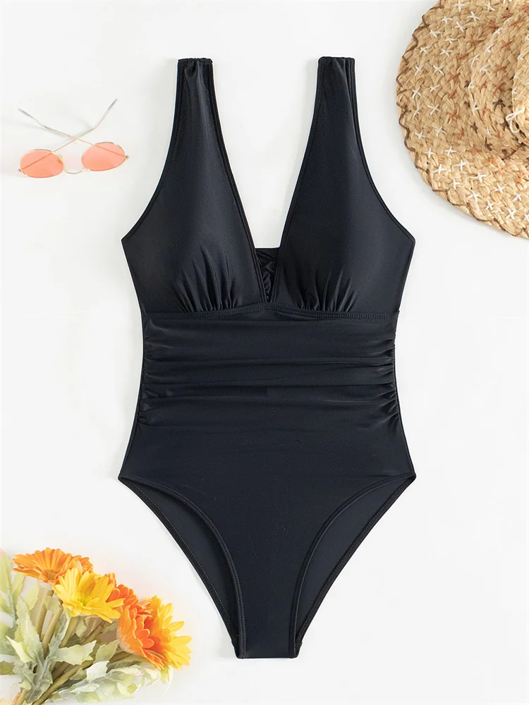 Цельный купальник женский однотонный с v-образным вырезом новинка 2024 сексуальный