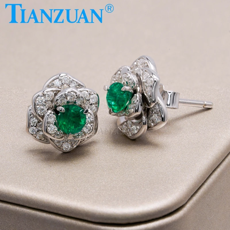 925 Sterling Silver Flower Stud Earrings 4mm Emeralds Earrings for Women Gifts Fine Wedding Party Jewelry Accessories
