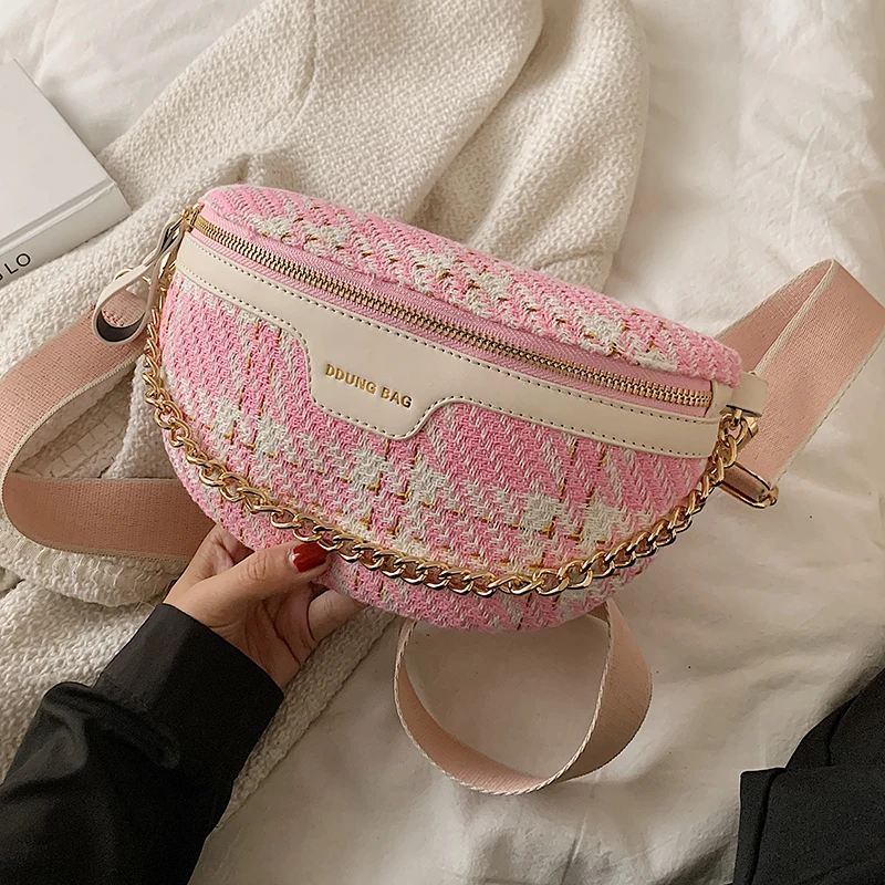 

Classic Woolen Cloth Small Plaid Crossbody Bags Shoulder Phone Purse and Handbags for Ladies Chain Handle Waist Packs