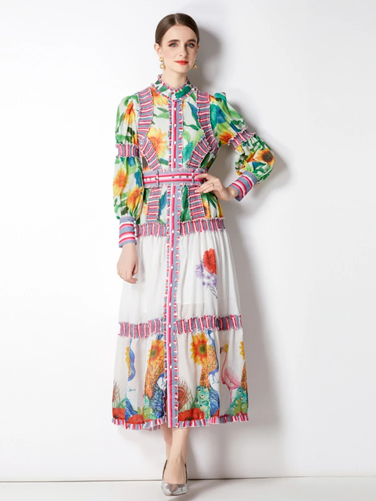 

Женское праздничное пляжное платье макси, модельное платье с воротником-стойкой и длинным рукавом-фонариком, однобортное платье в полоску с поясом, женское платье