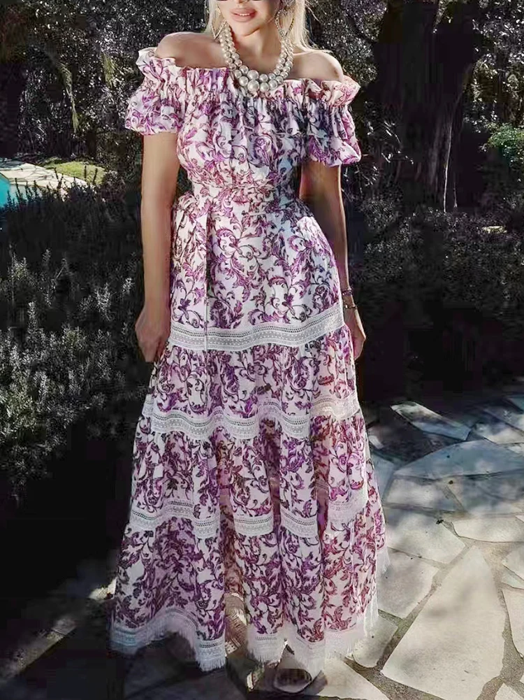 

summer dress printed lace splicing a child strapless short-sleeved dress 2023 y2k new high waist thin women dress long dresses