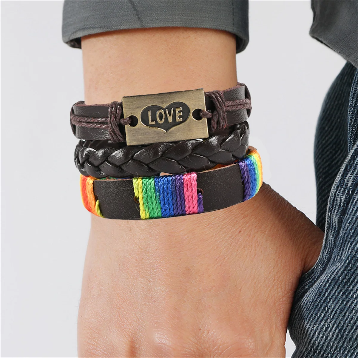 

Retro Layered Wide Wrist Leather Bracelets Men Bohemia Rainbow Rope Weave Hand Chain Letter Couple Bracelet 2022 Fashion Jewelry