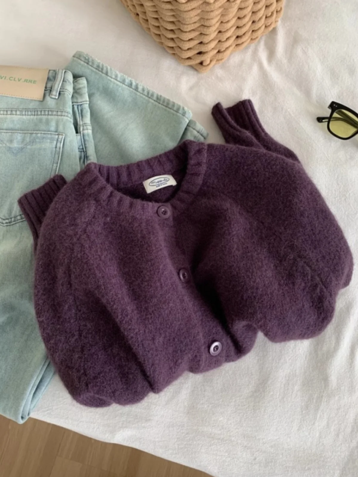 European Goods High-Grade Purple round Neck Raccoon Velvet Sweater Outerwear Women Autumn and Winter Soft Glutinous Idle Sl...