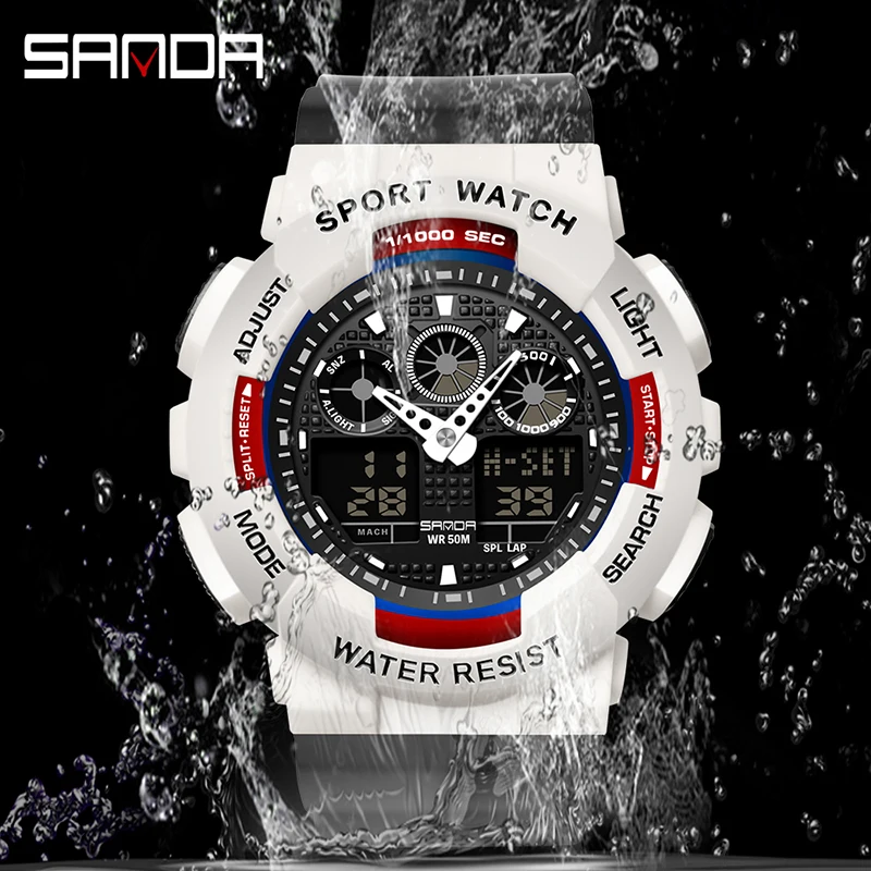 SANDA 2022 New Sports Watch Womens Watches Luminous Digital Dual Display Waterproof Chronograph Quartz Watch Zegarek Damski 3017