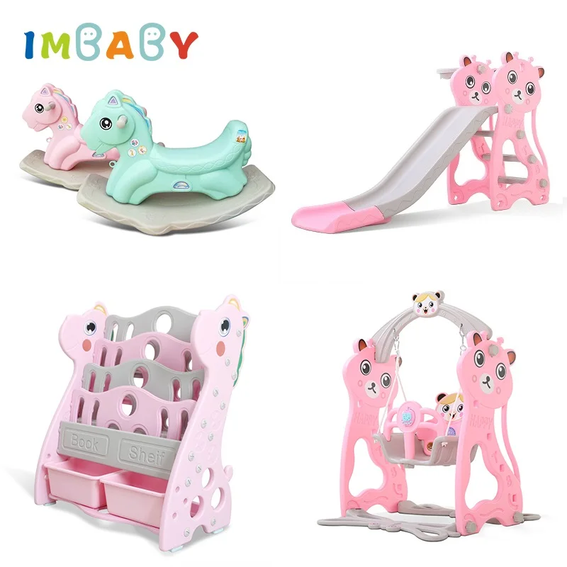 

IMBABY Baby Rocking Horse Safety Children's Slide for Home Kids Swing Baby Toys Bookshelf Combination Kids's Ride-on Toys Set