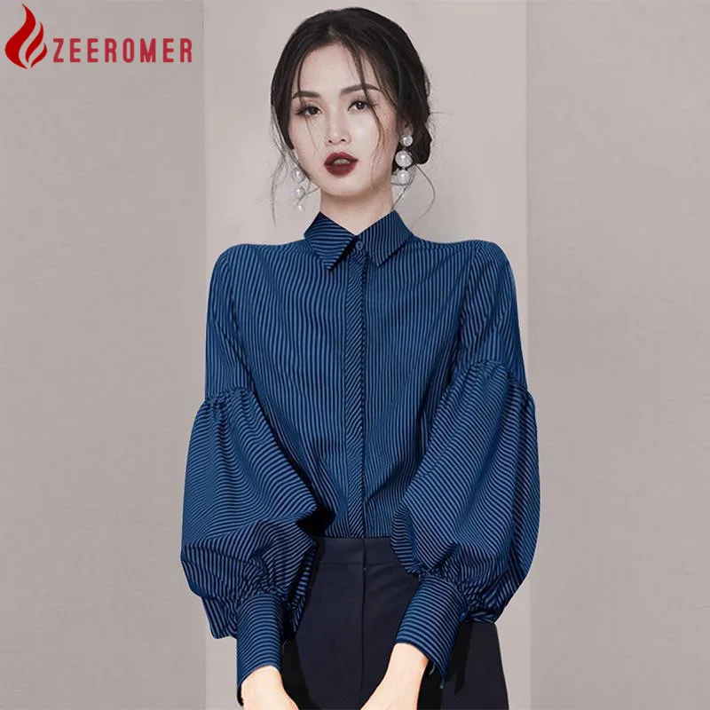 

Vintage Office Blouse Women 2022 Spring Fashion Elegant Lantern Sleeve Long Sleeve Shirt Lady Turndown Collar Loose Striped Tops