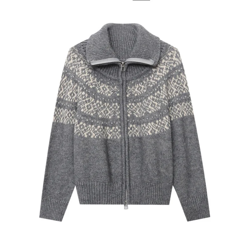 Жаккардовый вязаный свитер с двойным воротником молния остров Fel свободный