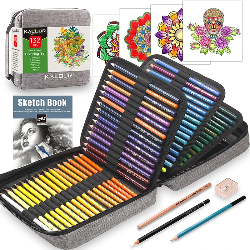KALOUR 132 Piece Colored Pencils Art Supplies Set Lapices With Adult Coloring Book and Sketch Book Artist  Zipper Travel Case