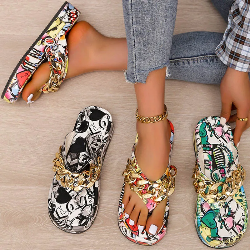

Cartoon Print Pattern Flip-flops Summer Fashion Outdoor Metal Chain Sandals Luxury Designer Shoes Chinelo Flip Flop Feminino