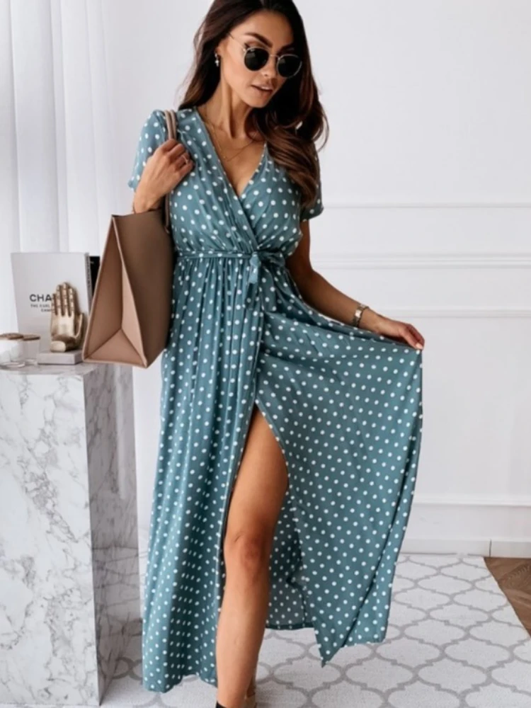 

Summer New Fashion Temperament Women's Long Dress Short Sleeve V-neck Split Belt Bohemian Wave Dot Print Dress Long Skirt Dress