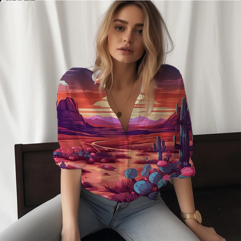 

Summer new lady shirt Desert landscape 3D printed lady shirt casual vacation style ladies shirt trend loose lady shirt