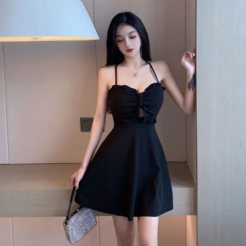 

#3096 Black White Pink Short Party Club A-line Dress Sexy Hollow Out V-neck Strapless Camisole Dresses Female Backless Summer
