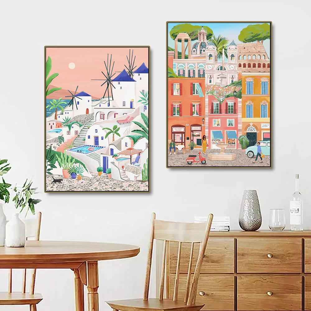 Акварель абстрактный город путешествия Нью-Йорк Санторини Римский Эдинбург