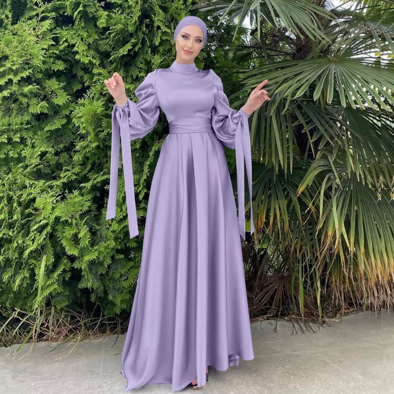 

Hijab Satin Dress Ramadan Muslim Fashion Belted Abaya Dubai Turkey Arabic African Maxi Dress for Women folk-custom Clothes Robes