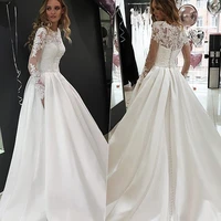 elegant a line o neck wedding dress 2022 boho long sleeve lace appliques bridal gown satin button sweep train robe de mariee