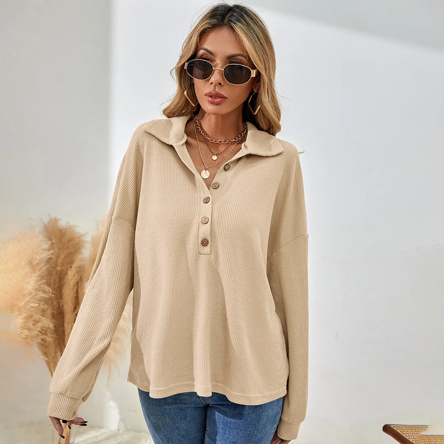 

Женская футболка-поло на пуговицах, с длинным рукавом