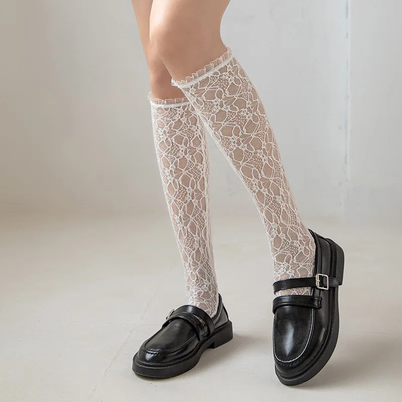 

Женские длинные кружевные сетчатые носки выше колена Lolita, белые носки средней длины, тонкие студенческие носки Jk черного и белого цветов