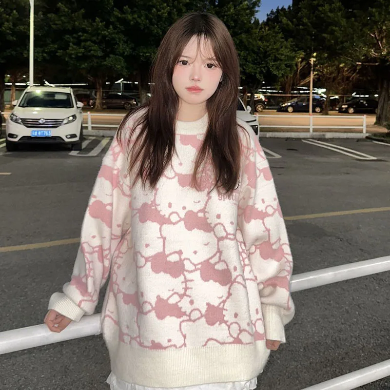 Sanrios Hello Kittys вязаный свитер с героями мультфильмов женский полный принт Kt милые