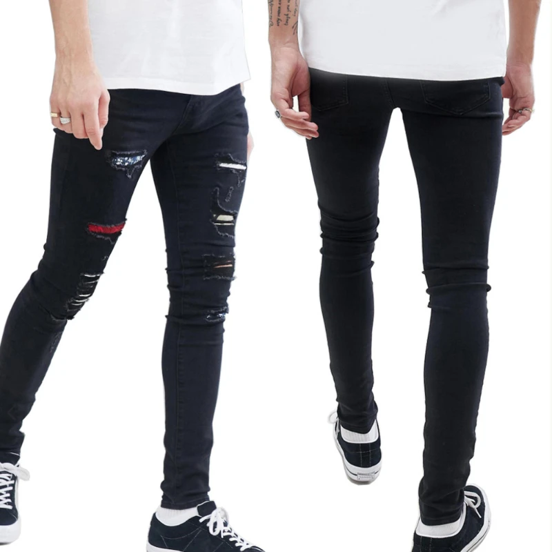 22ss Men JeansY2k Streetwear High Street Slim Fit Fashion Patch Ripped Black Clothing
