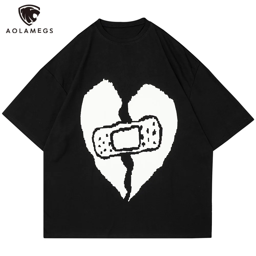 

Aolamegs Men's T-Shirt Heart Illustration Letter Print Short Sleeve O-Neck Oversized Summer Tees Harajuku Fashion Men's Clothing