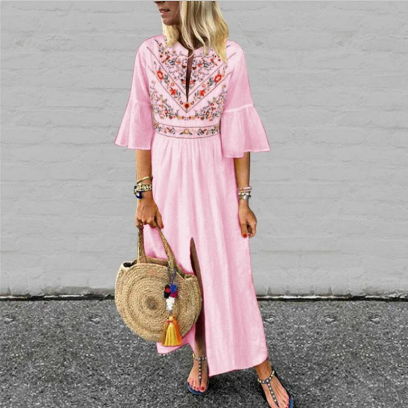 

Long Sleeve V-neck Waist Loose Mid-sleeve Printed Panel A-line Dress Women Maxi Holiday Pastoral Classy Robe Sundress Cover Ups