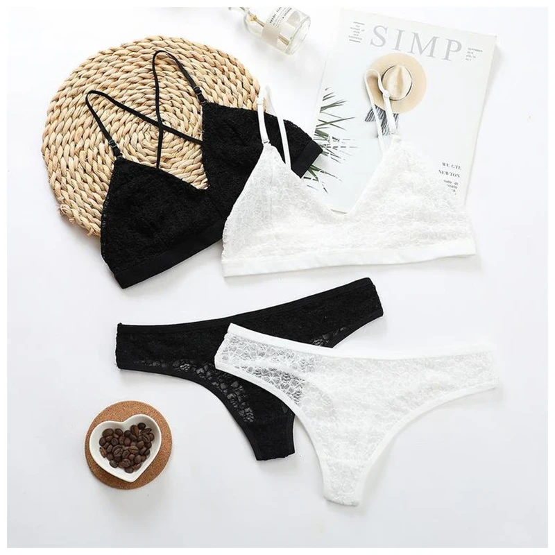 

Sexy Lace Bra Briefs Set Women Wire Free Lingerie Hollow Out G-String Bra Set Female Mesh Transparent Seamless Underwear Set