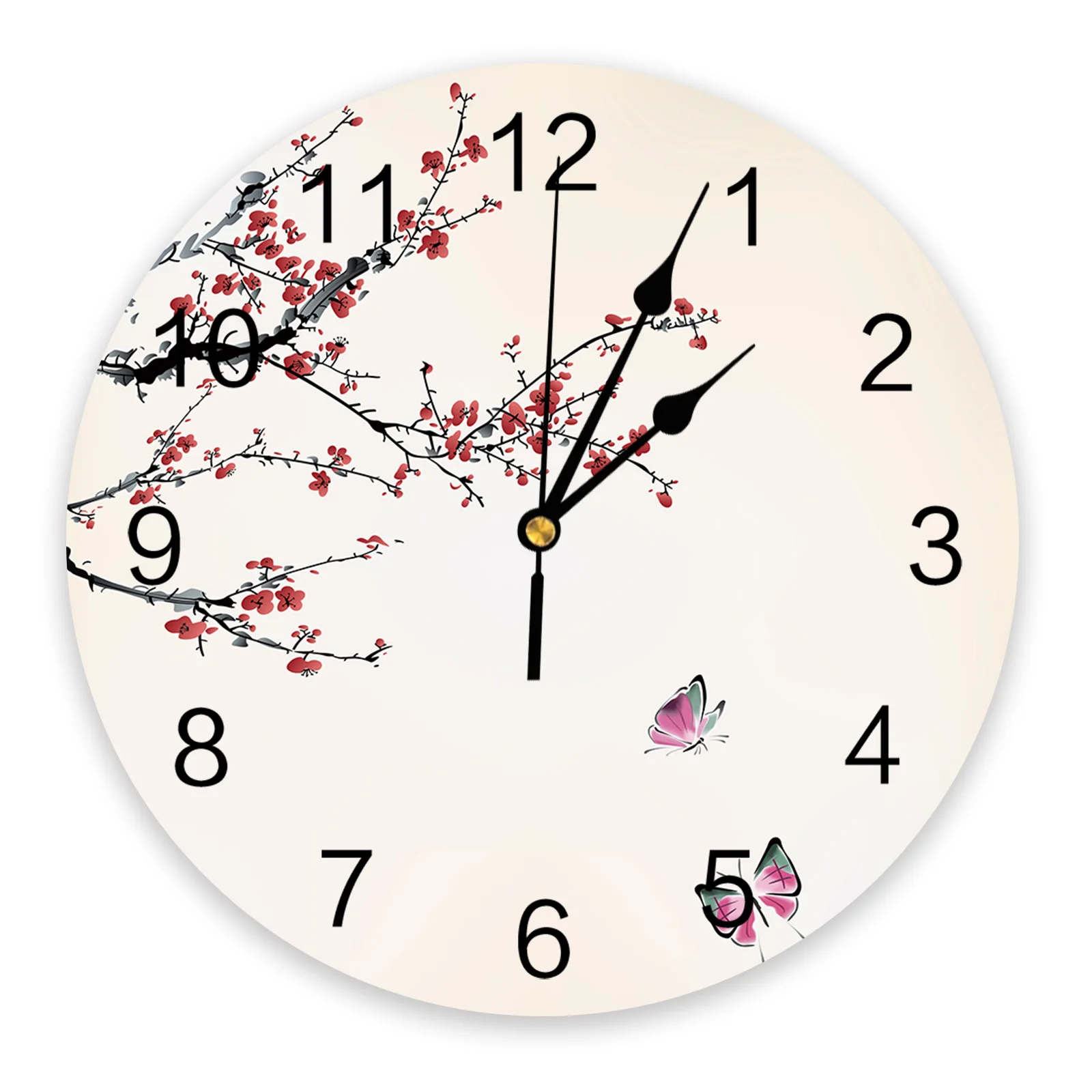 

Декоративные круглые Настенные часы в китайском стиле, Дизайнерские Большие бесшумные настенные часы с цветком сливы, розовой бабочкой, с индивидуальным дизайном