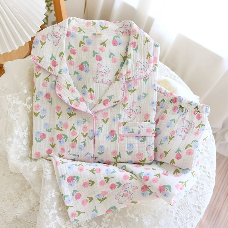 

Женский хлопковый пижамный комплект, тонкий кардиган, домашняя одежда, одежда для сна с принтом сакуры, кролика, свободная Пижама, большие р...