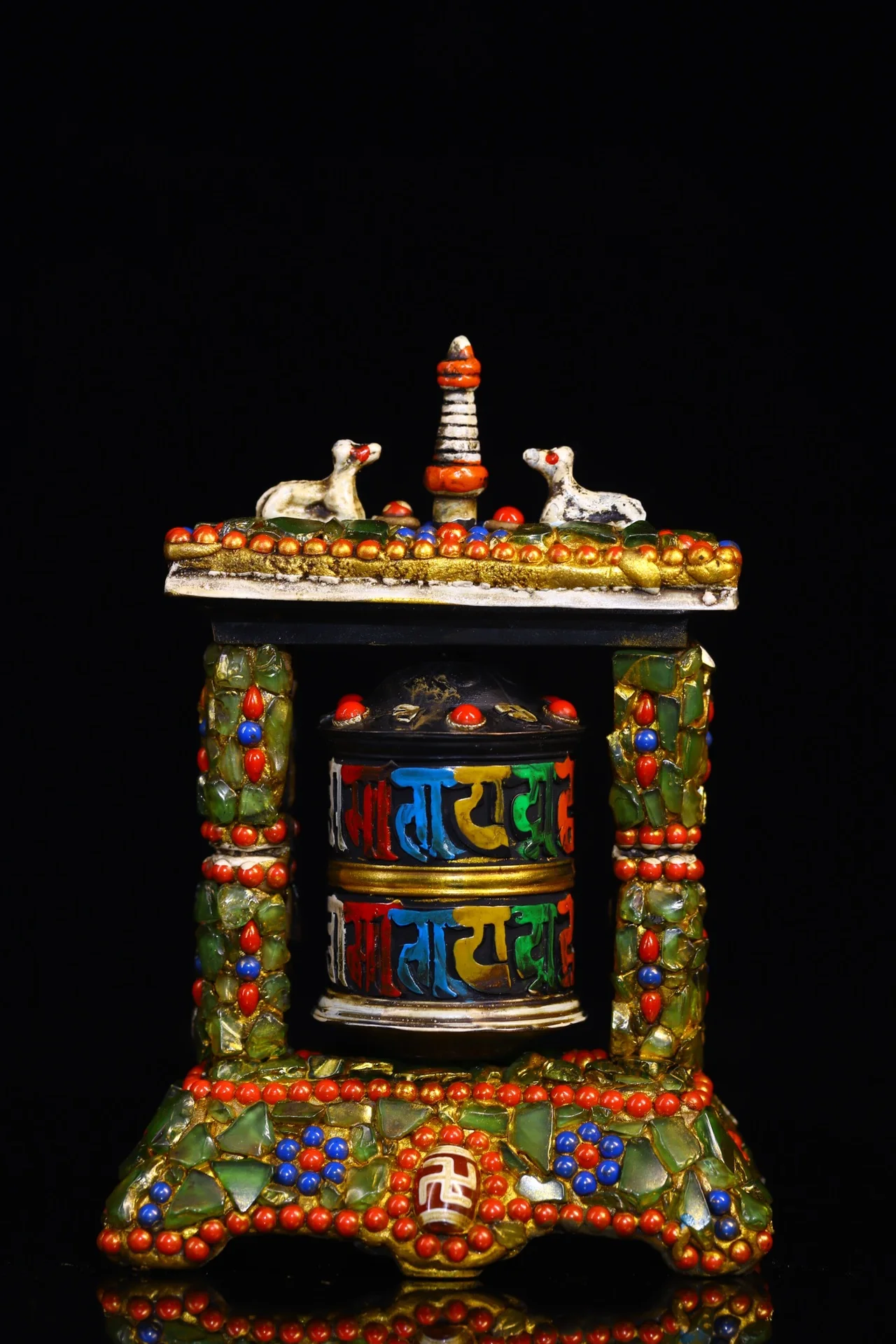 

5"Tibetan Temple Collection Old Bronze Cinnabar Mosaic Gem gZi Beads Painted Six Character Proverbs prayer wheel Dharma chanting