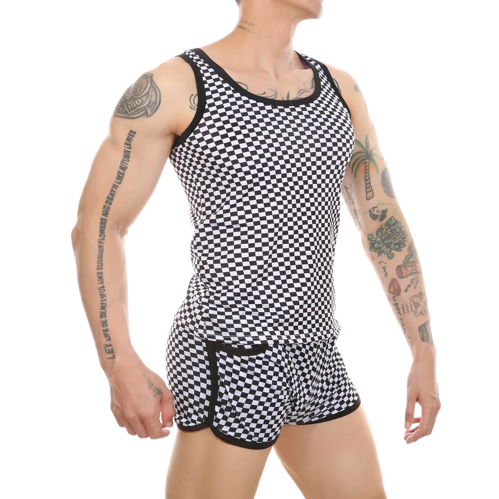 

Men's Plaid Vest Tanks Tops Sexy Underwear Boxer Shorts Set Workout Sleeveless Slim Tops Tee Boxers With Pocket Sleeveless Vest