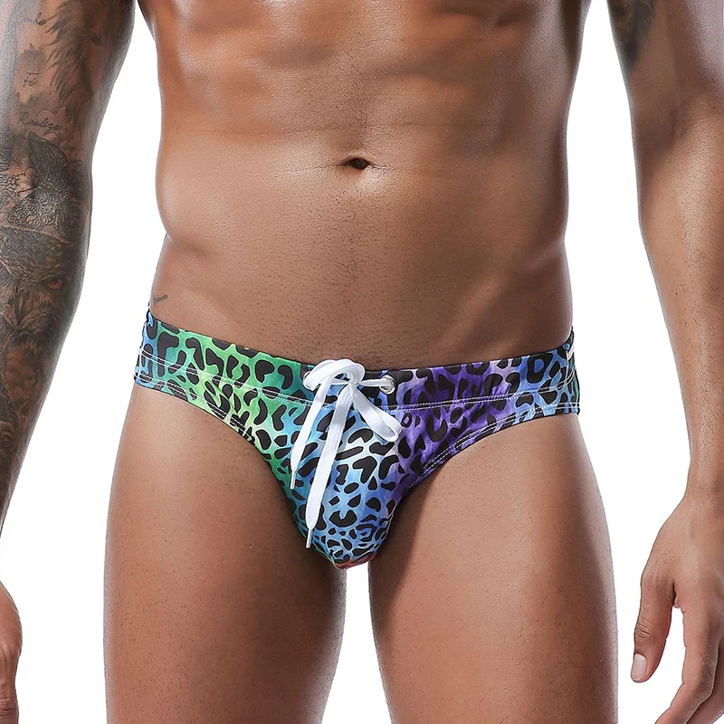 

Leopard Print Men's Briefs Surf Beach Swimming Wear Sexy Male Low Waist Swimsuit Tether Mesh Elastic Boxer Shorts Man Swimwear