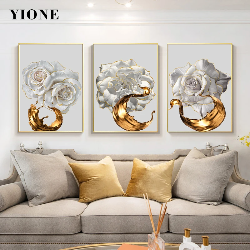 

White Rose Flower Golden Ink Splash Abstract Poster Nordic Art Plant Canvas Painting Modern Luxury Wall Picture for Living Room
